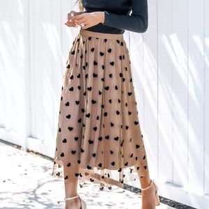 Cupshe Beige Midi Skirt with Black Heart Patterns